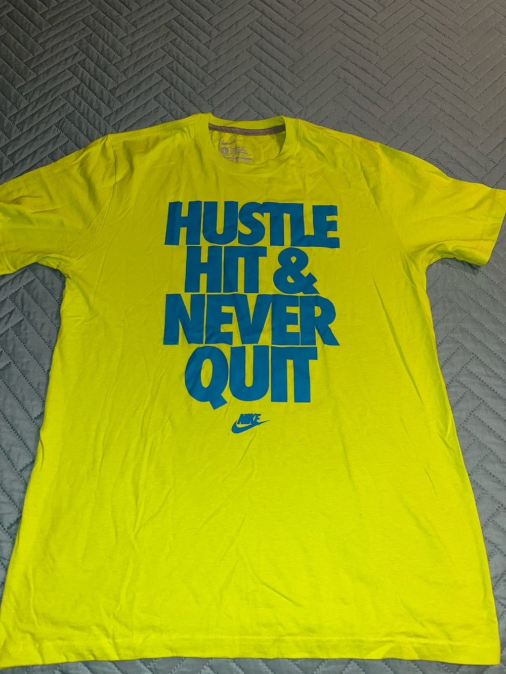 Nike Men’s Neon Yellow Graphic Tee with Blue Text